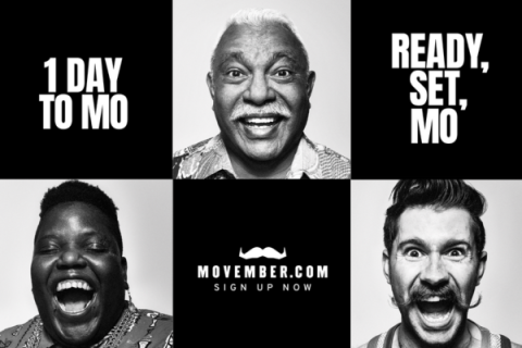 Movember graphic with men and women, smiling widely with a countdown to Movember