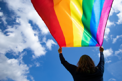 Person holding rainbow flag